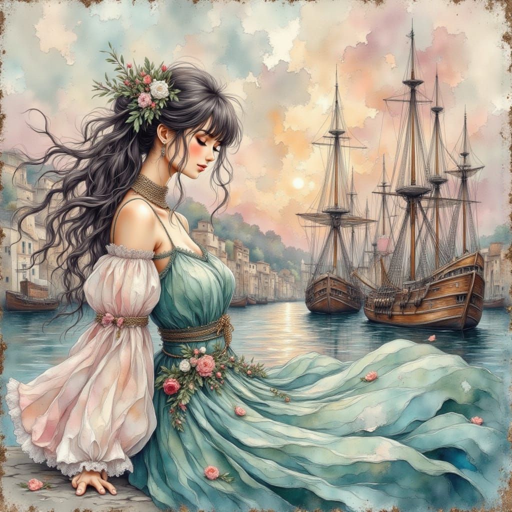 Anime Woman in Old Town by Ocean, Ink Charcoal Style