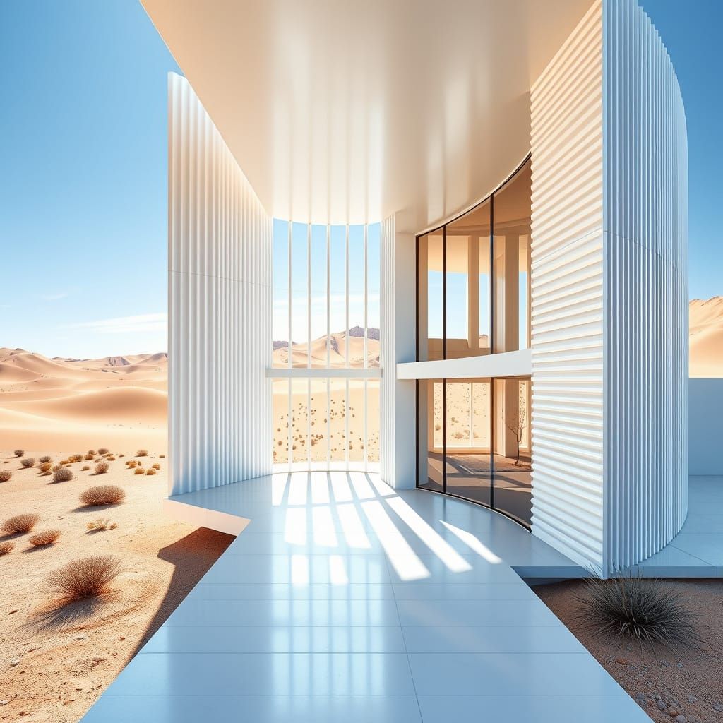 Modernist Desert Oasis in Futuristic White Metallic