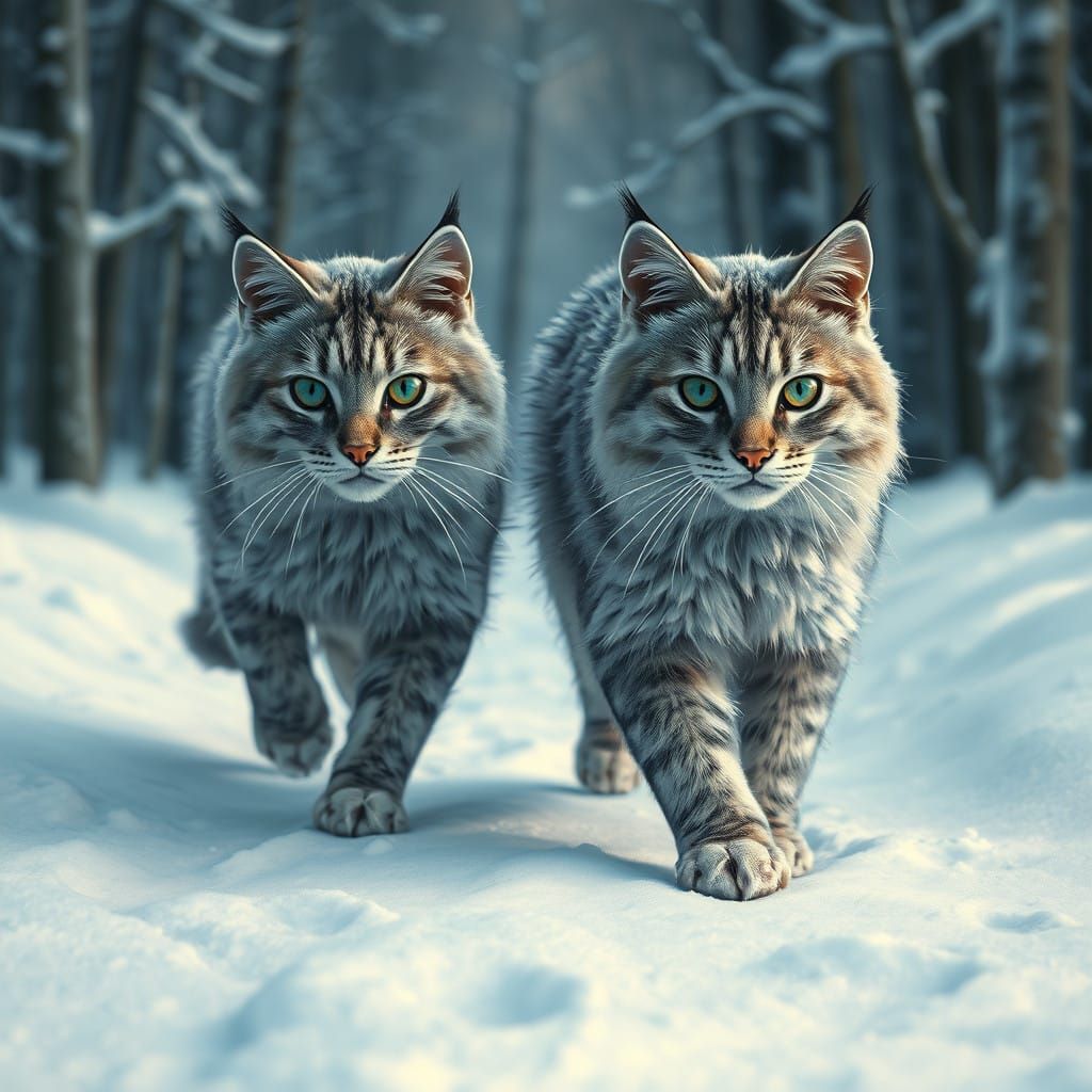 Majestic Bob Cats Bound Through Snowy Landscape in Oil Paint...