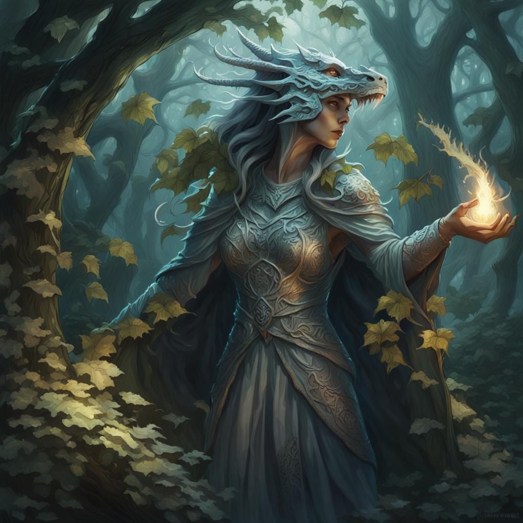 Dragonborn Druid Casting Spell in Mystical Forest