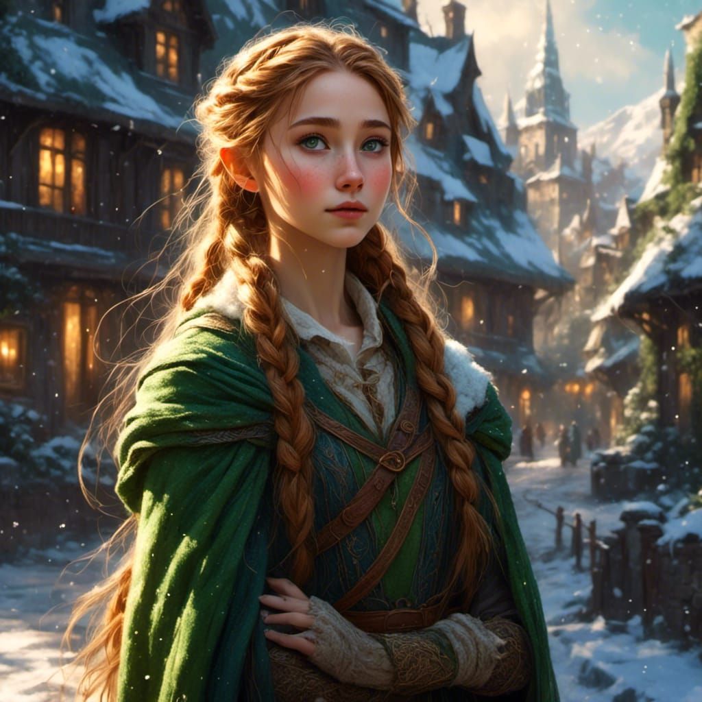 Elven Princess with Braided Hair in Snowy Courtyard