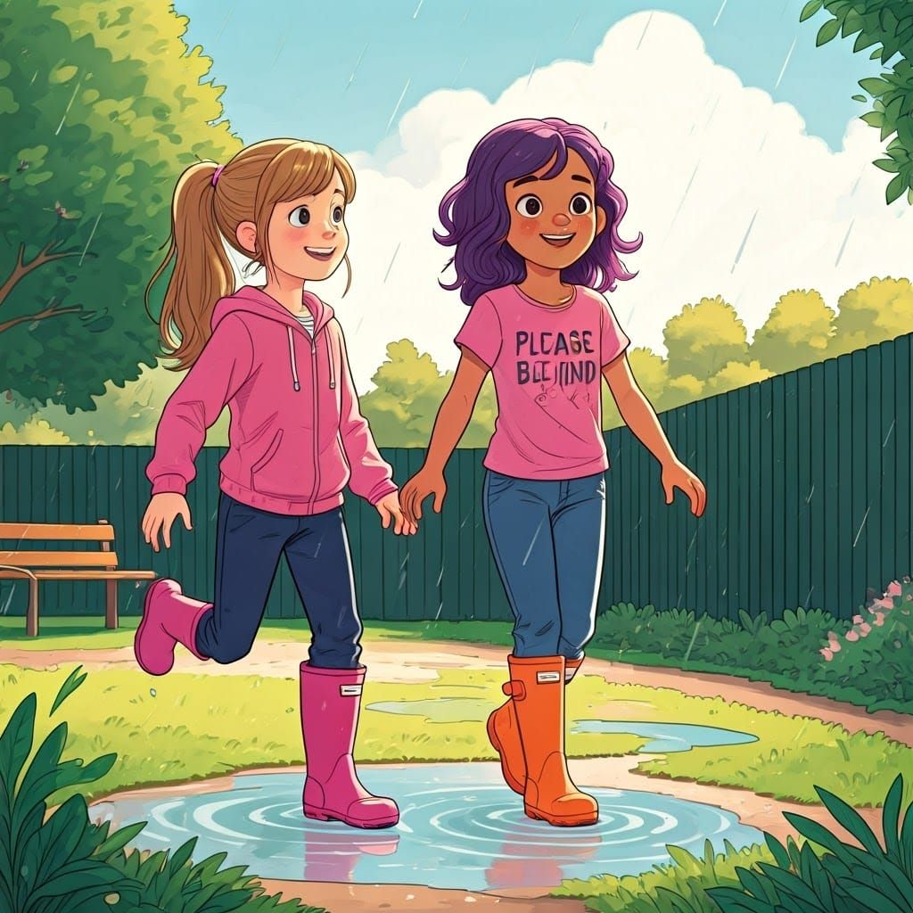 Girls Playing in Sunny School Playground After Rain