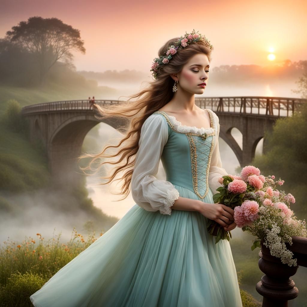 Lovely Princess in a Tranquil Sunset Landscape