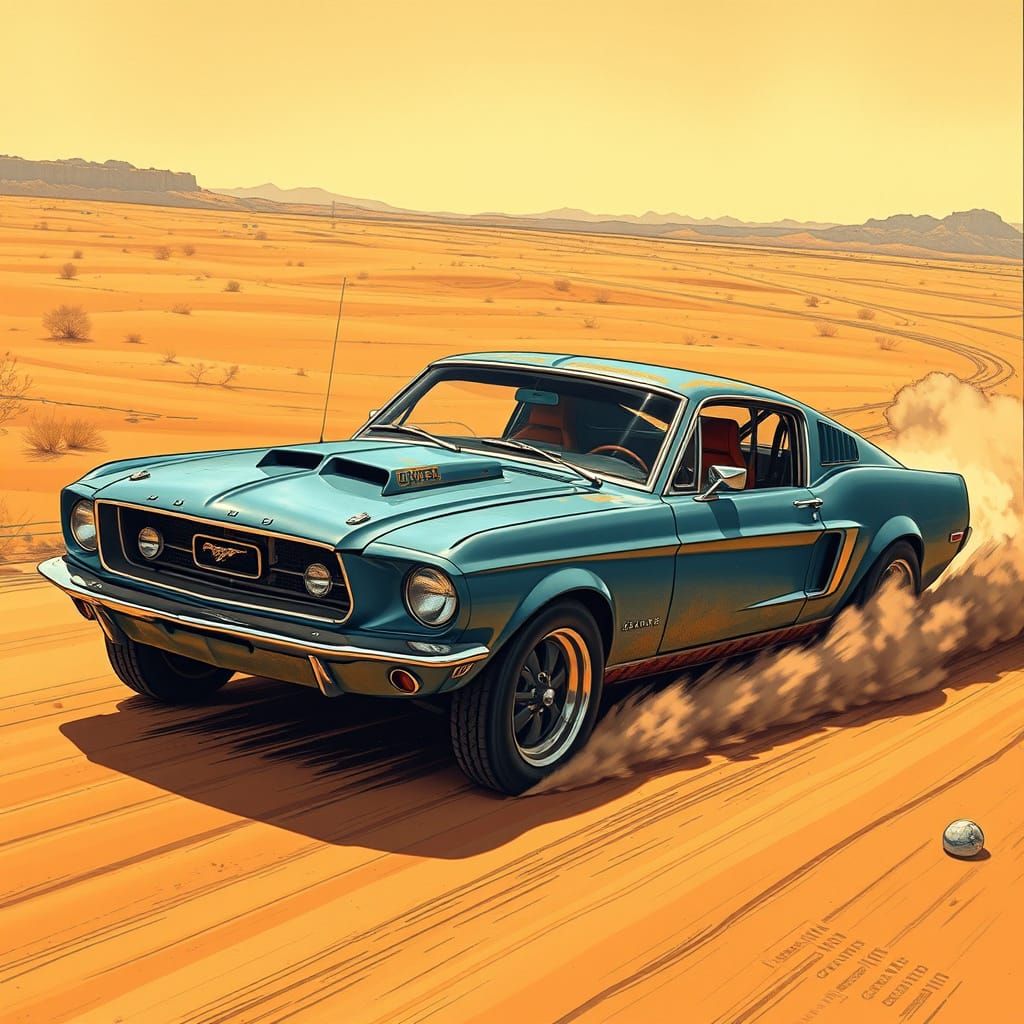 Modified Mustang Races Through Desert Landscape