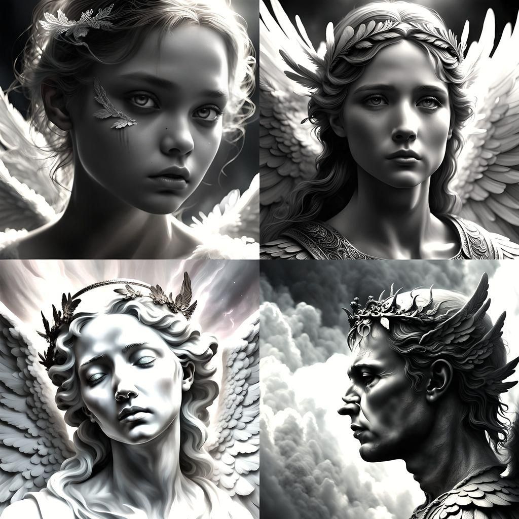 Dramatic Sketches of Angel Faces in Black and White