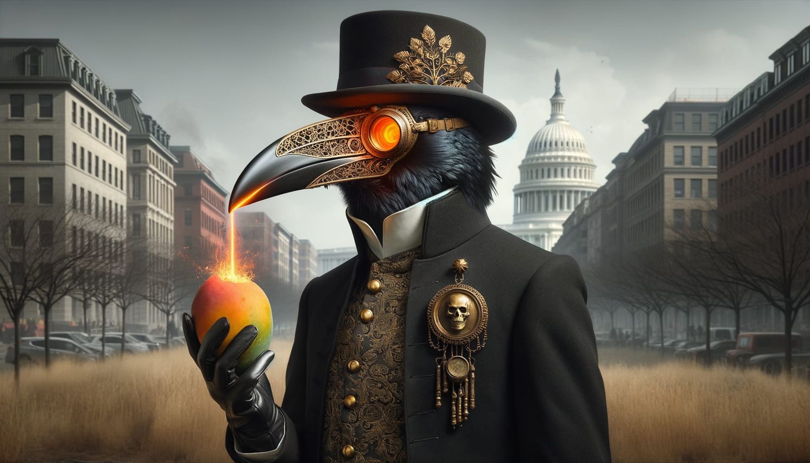 Steampunk Raven Incinerates Mango with Laser Eyes