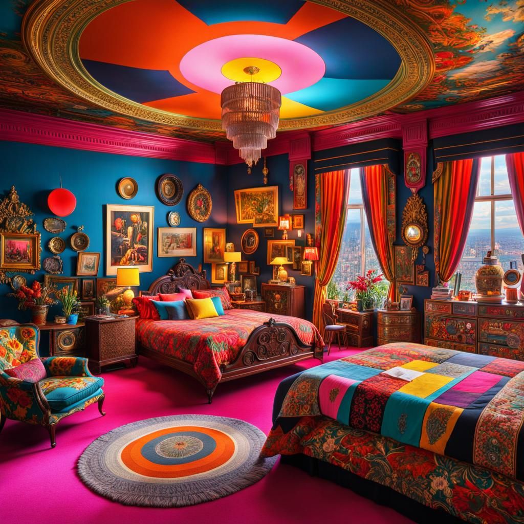 Maximalist cluttered, 1960's pop-art bedroom.