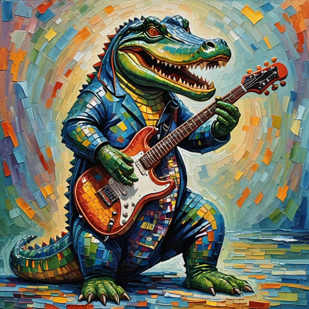 Alligator Plays Guitar in Expressionist Oil Painting