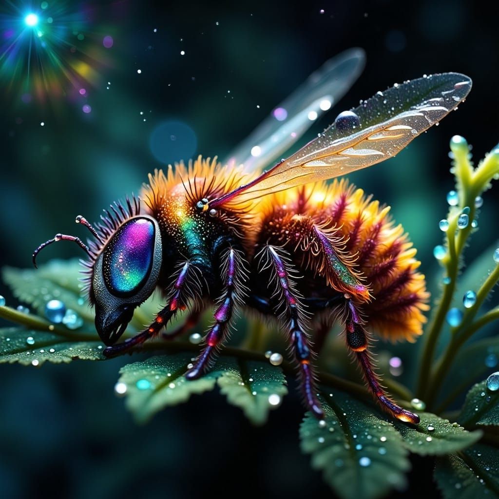 Cartoon Bee Sleeping in Starry Fractal Galaxy