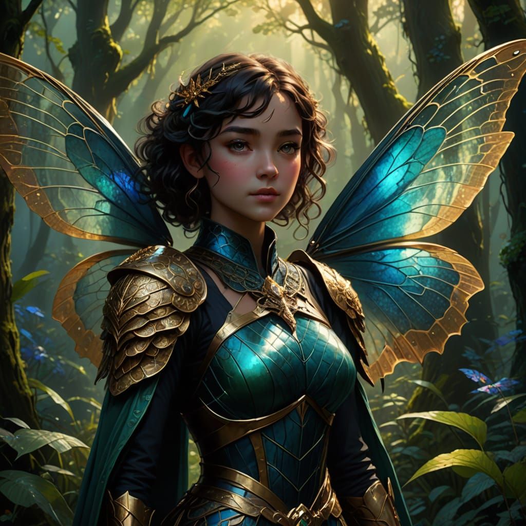 Fantasy Maiden with Dragonfly Wings in Mystical Forest