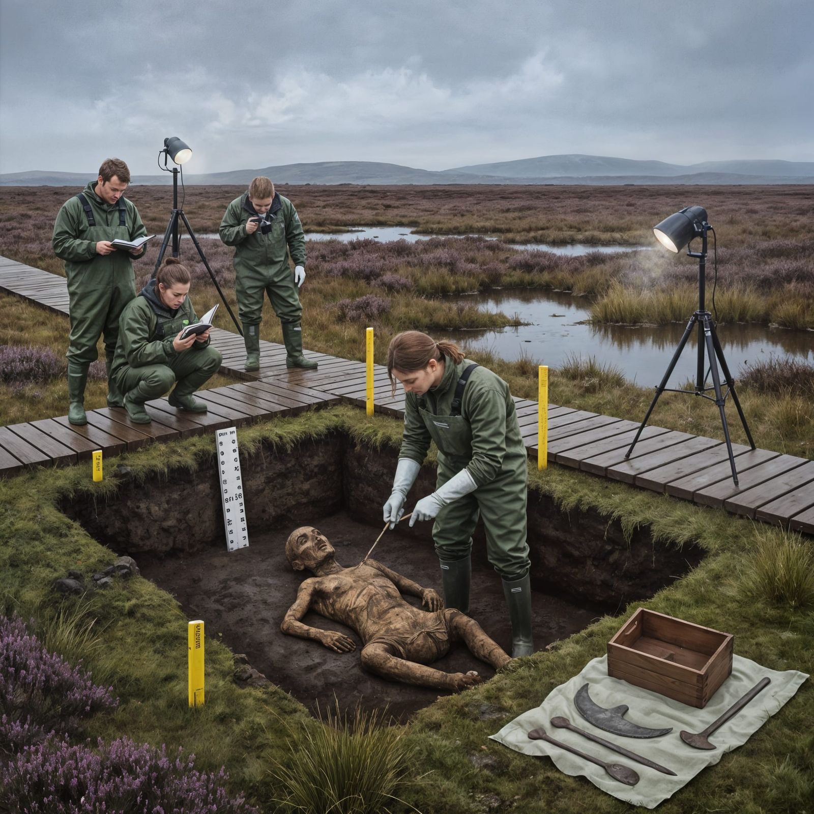 Archaeologist Examines Preserved Bog Body in Misty Irish Pea...