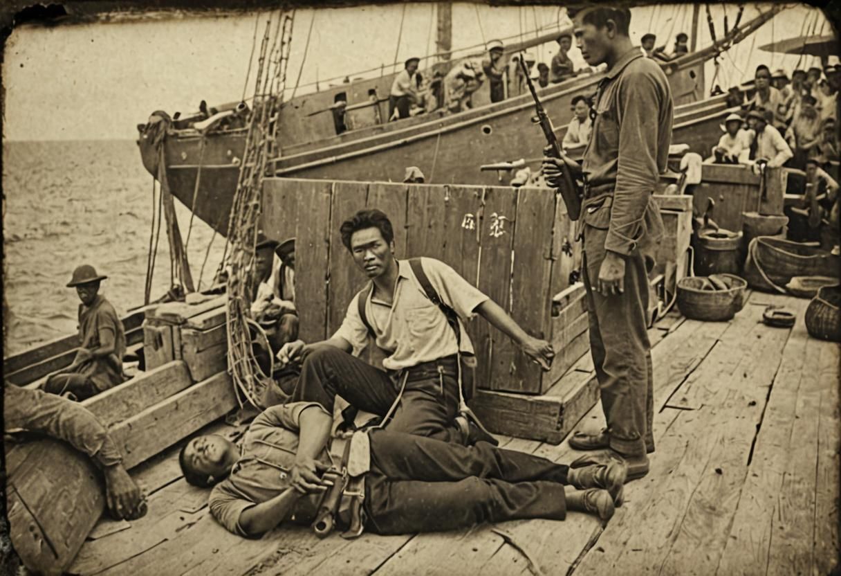 Singapore 1800s Ship Scene in Black and White