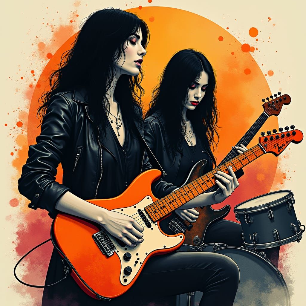 Two woman wearing leather playing guitars.....