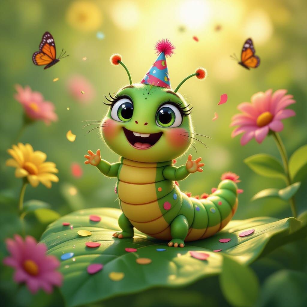Joyful Green Caterpillar Dancing in a Garden