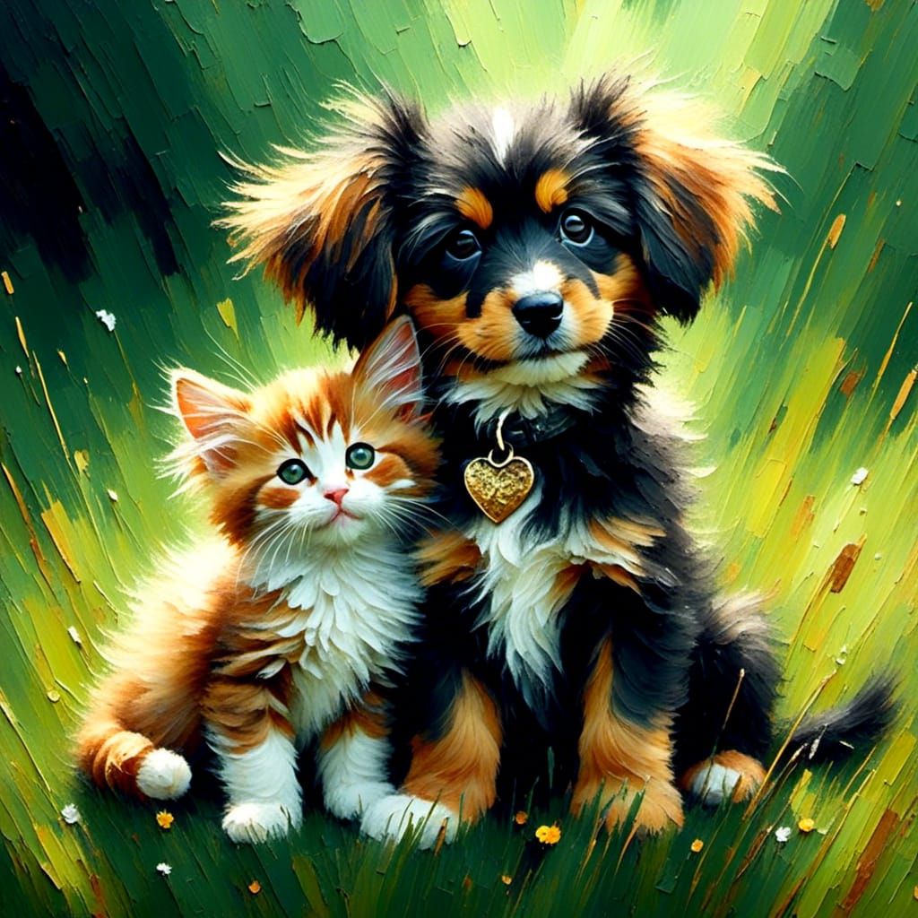 Watercolor Puppy and Kitten Fantasy Concept Art