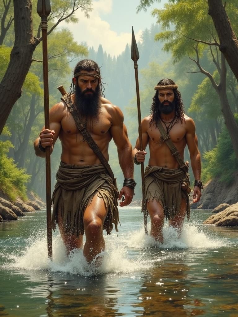 Ancient Warriors Crossing River in Classical Realism Style