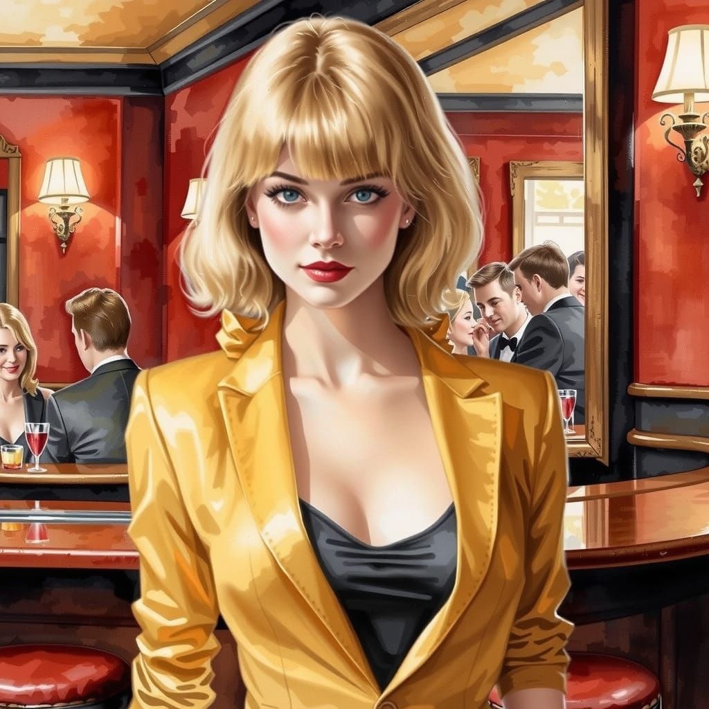 Confident Woman in Vibrant Yellow Blazer Against a Red-Toned...