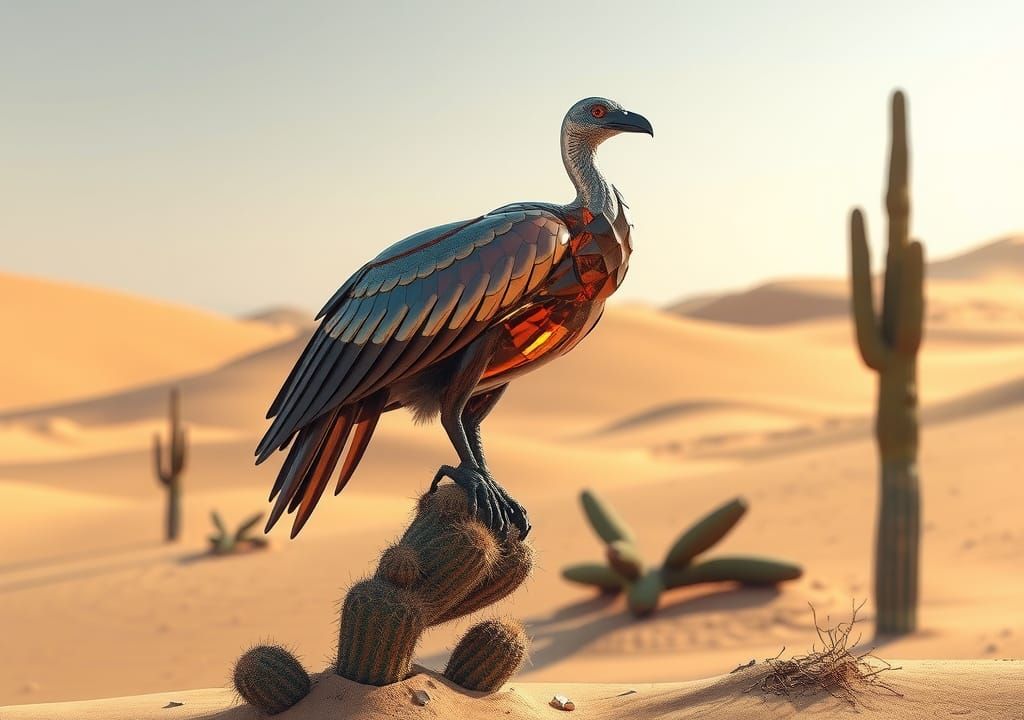 Glass Vulture on Cactus in Digital Painting Style