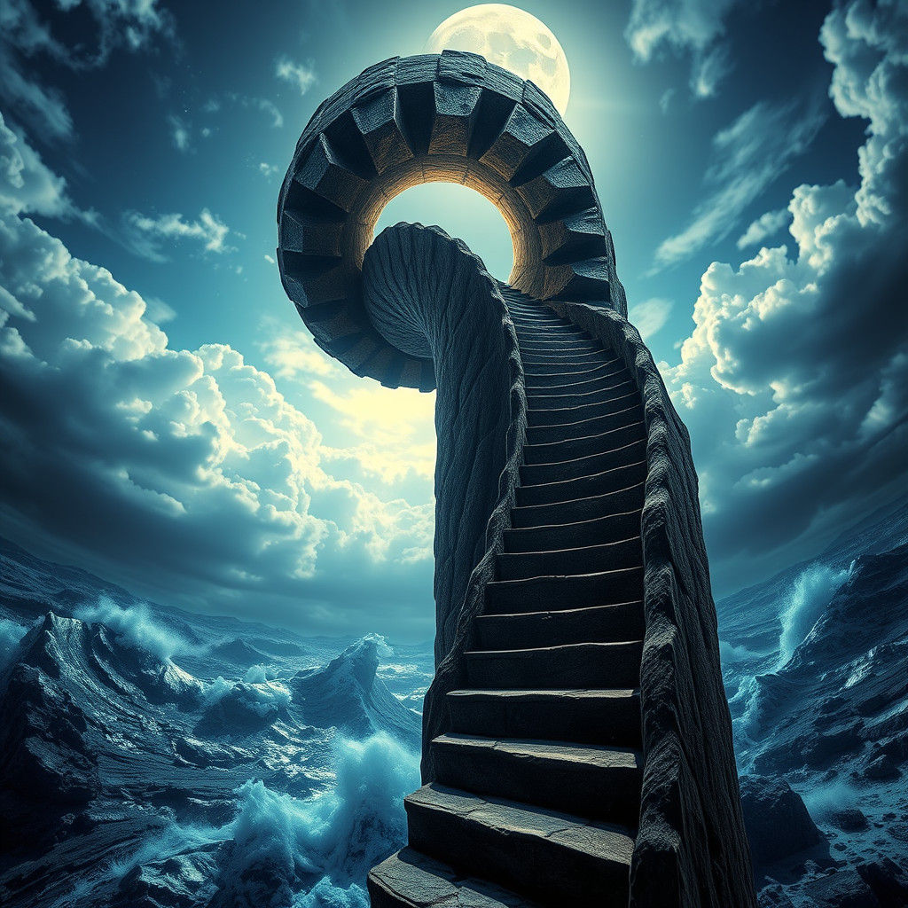 Spiral Stairway Ascends from Ocean to Sky