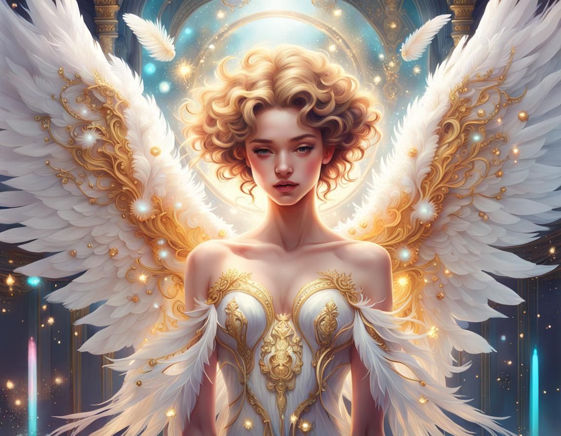 Maximalist Angel with Six Wings and Golden Ornaments