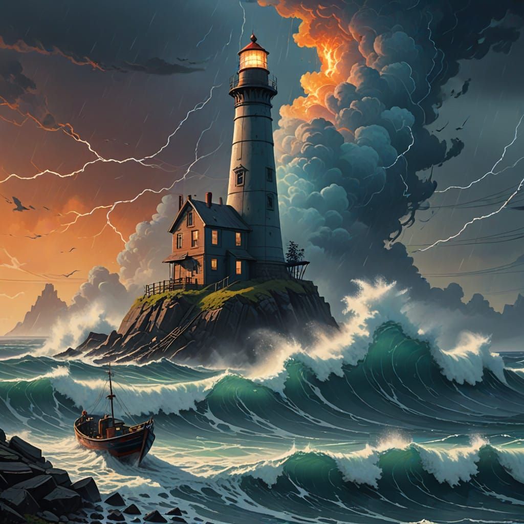 Majestic Lighthouse Defies Turbulent Sea in a Stormy Landsca...