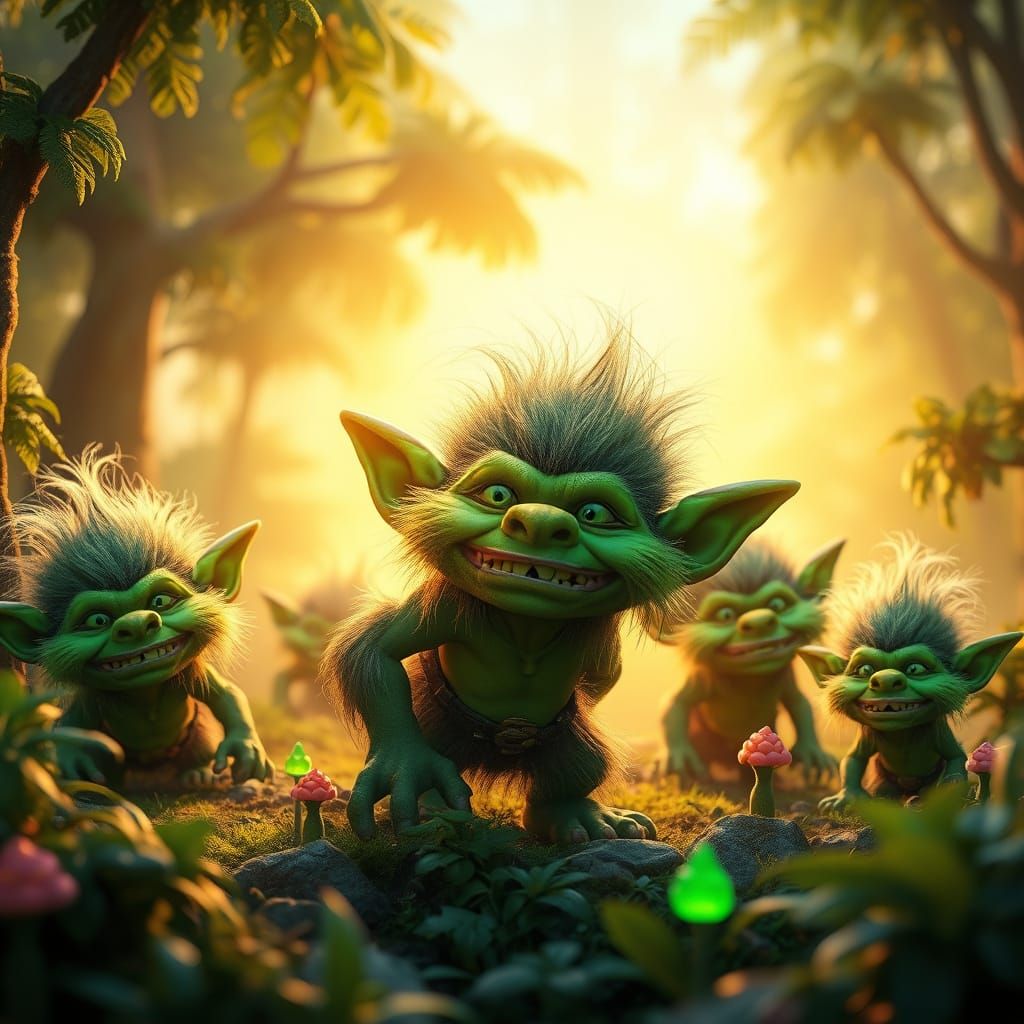Enchanted Green Trolls in Vibrant Mythical Forest