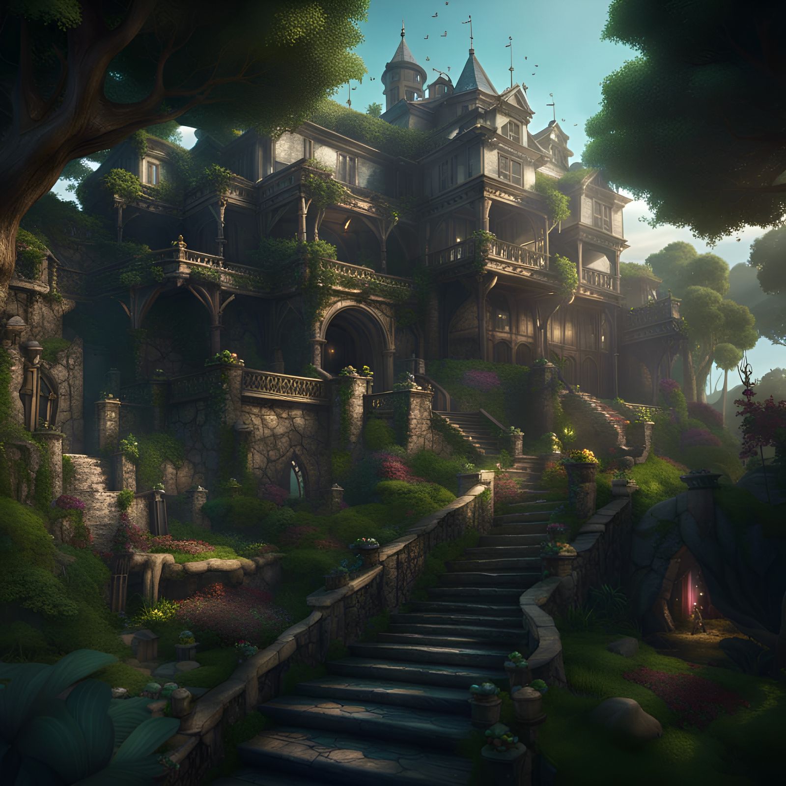 Lush Manor by the Sea: Detailed Matte Painting