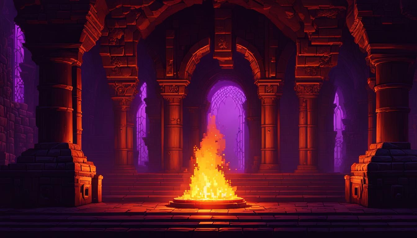 Pixel Art Dungeon with Fire in Dark Fantasy Style