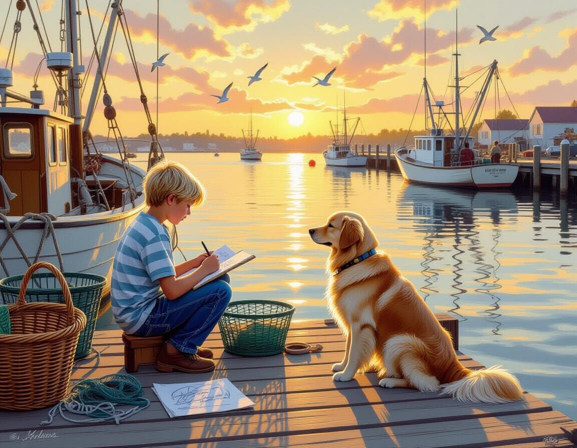 Boy Sketches Boats with Golden Retriever at Sunrise Harbor
