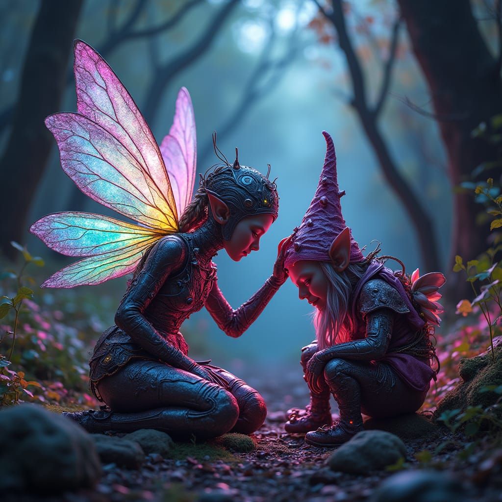 Cyberpunk Fairy Awakens Gnome in Bioluminescent Forest