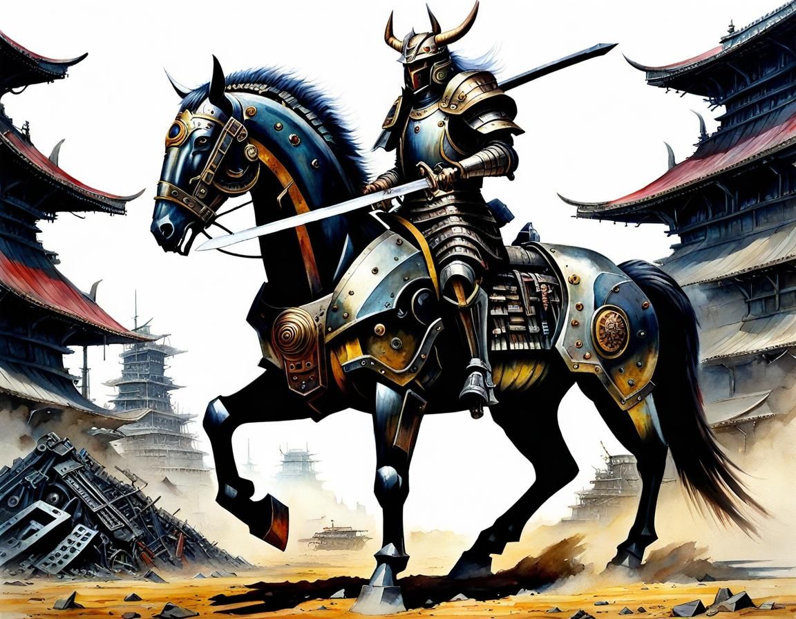 Metallic Samurai Centaur in Dystopian Wasteland