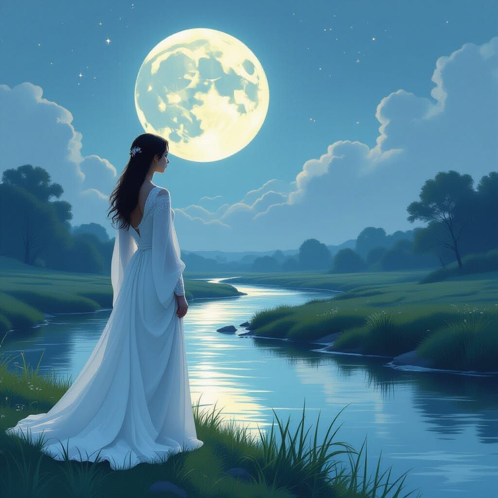 Ethereal Woman Gazing at Mystic Moon
