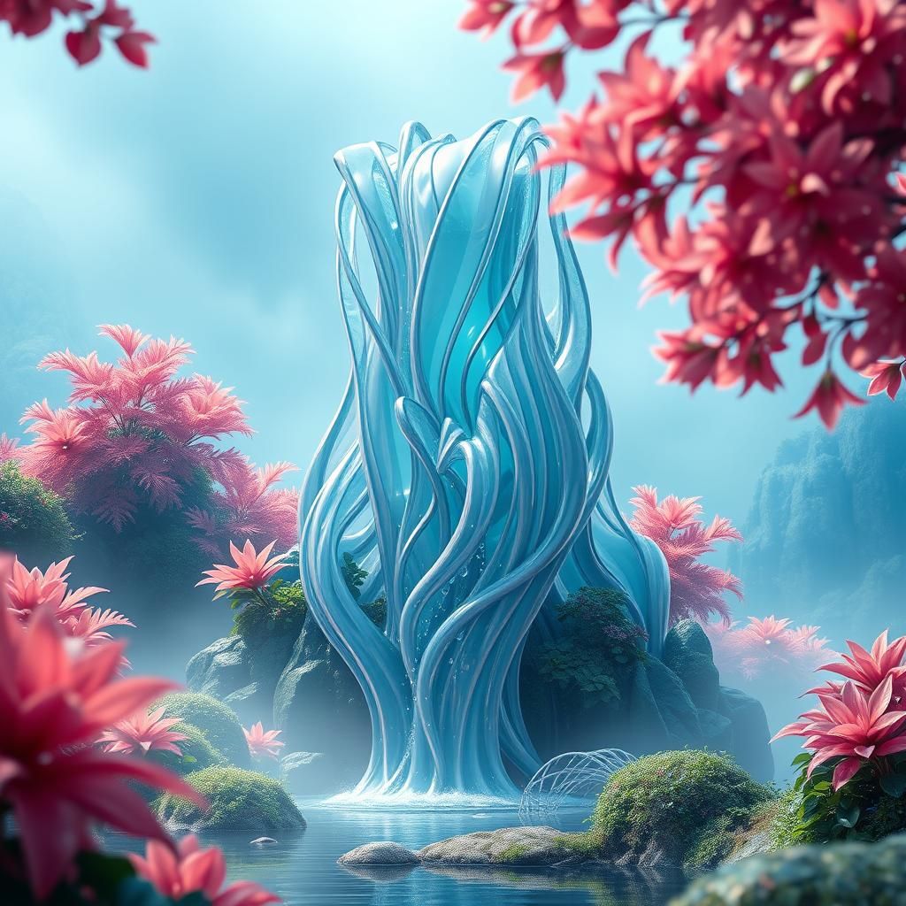 Glass Waterfall Sculpture in Hyperrealistic Style