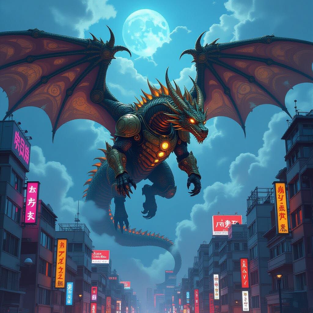 Steampunk Dragon Over Neon Tokyo Metropolis