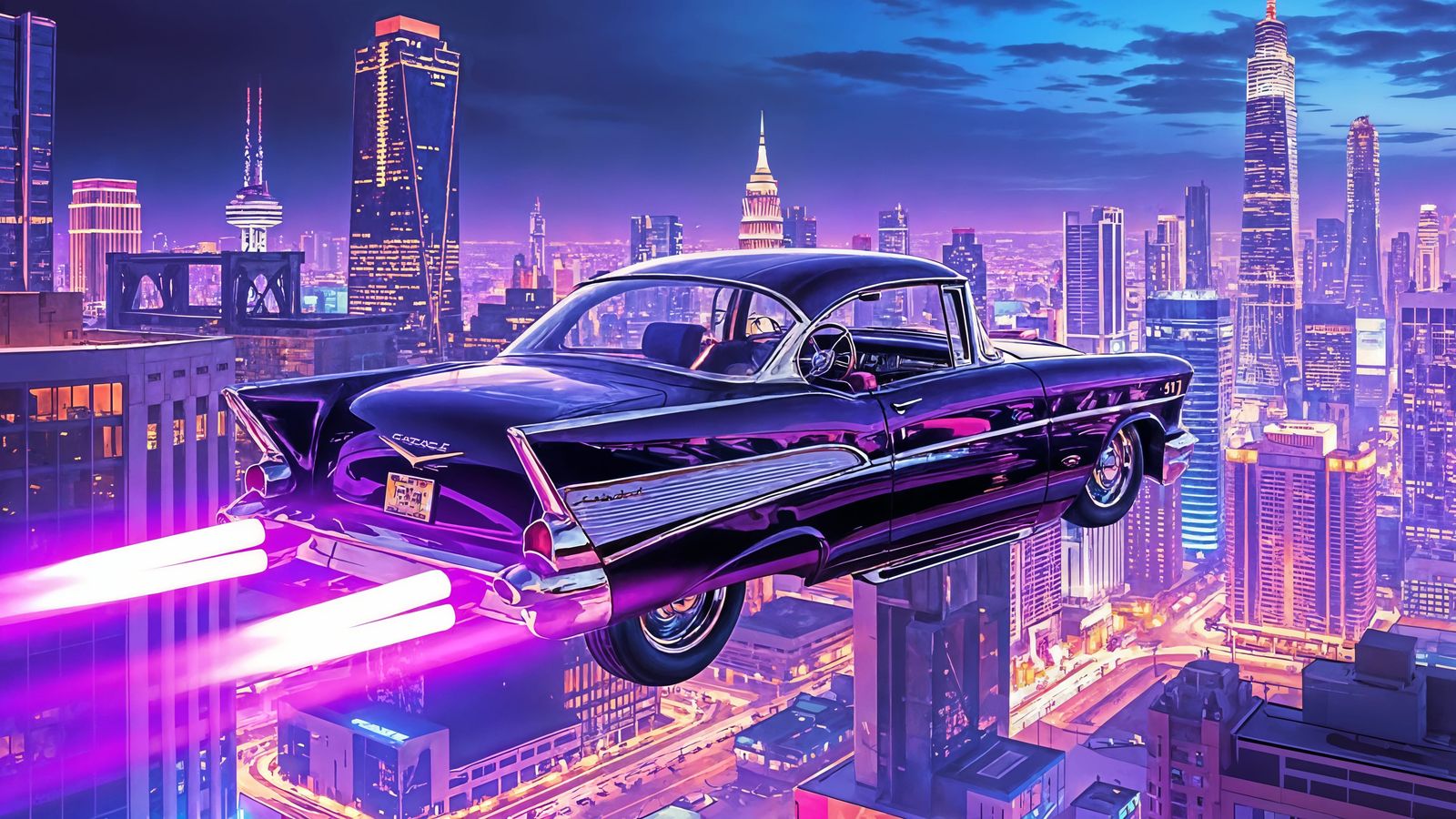 Retro Futuristic 1957 Chevy Hovercar in Neon City