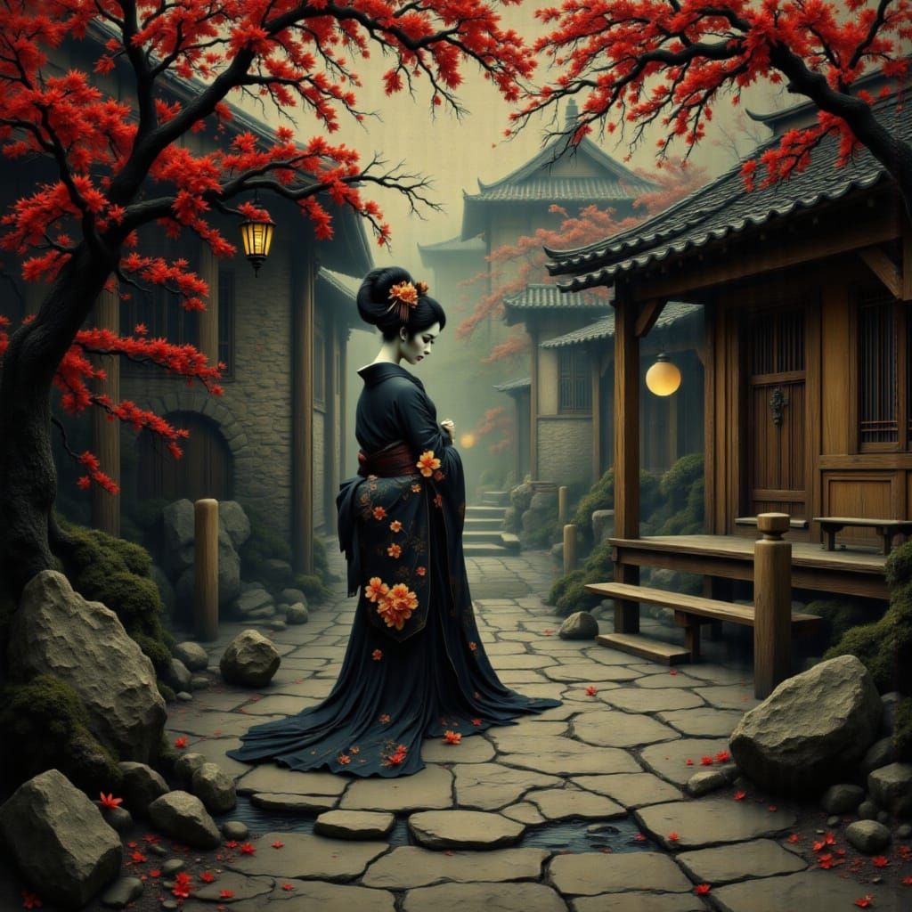 Ghostly Mourning Geisha in Ancient Japanese House