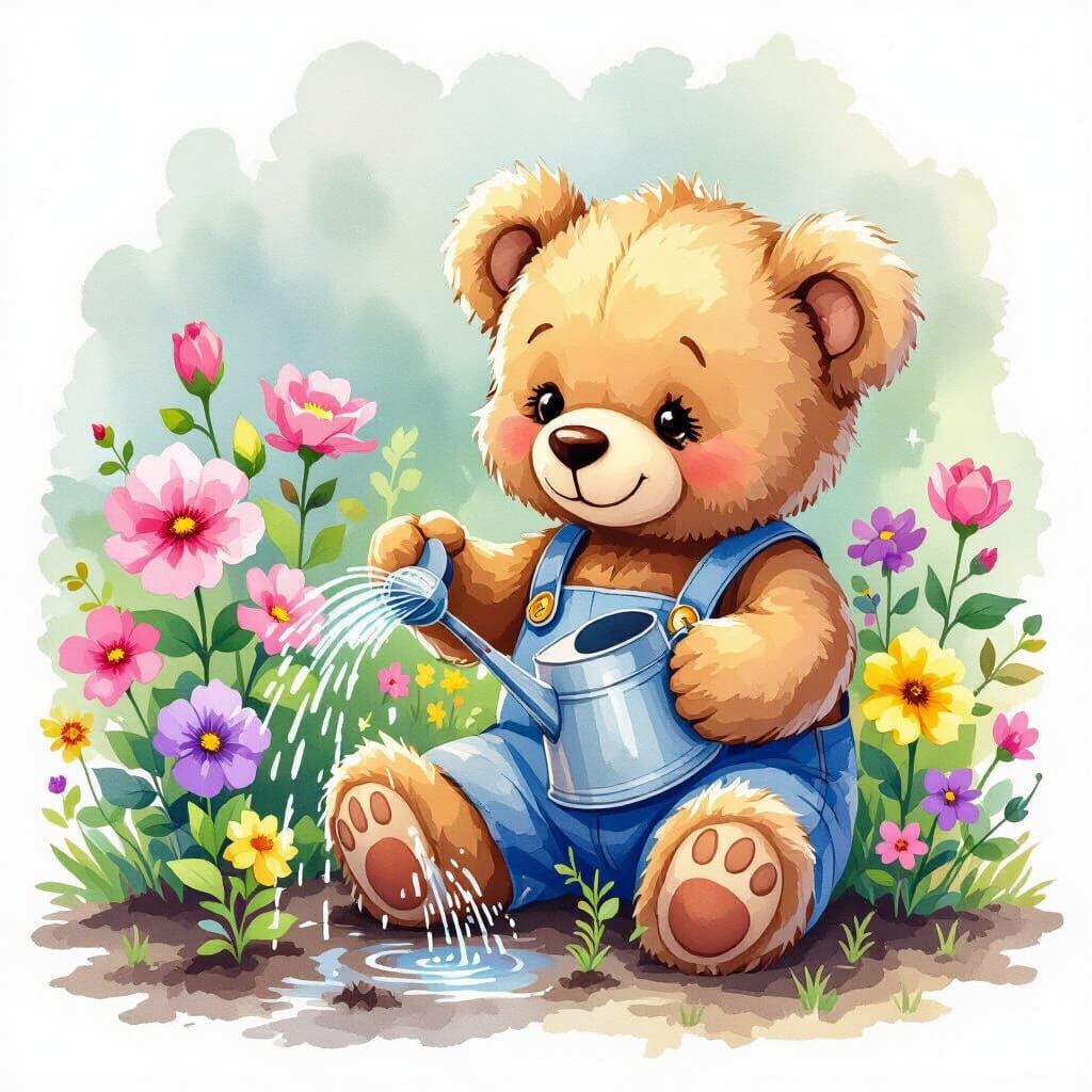 Watercolor Teddy Bear Watering a Vibrant Garden
