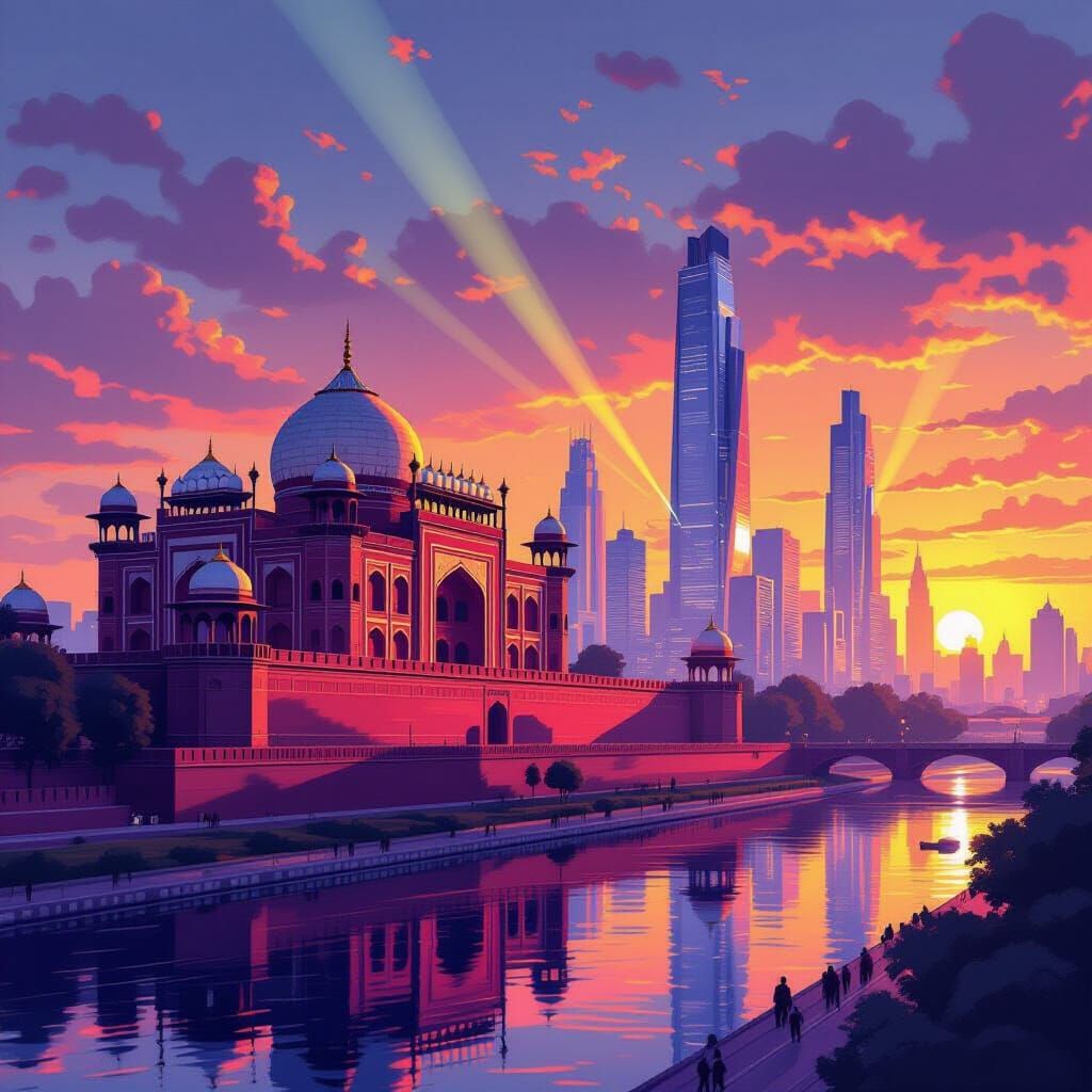 Delhi's Lal Quilla Meets Futuristic Skyline at Sunset