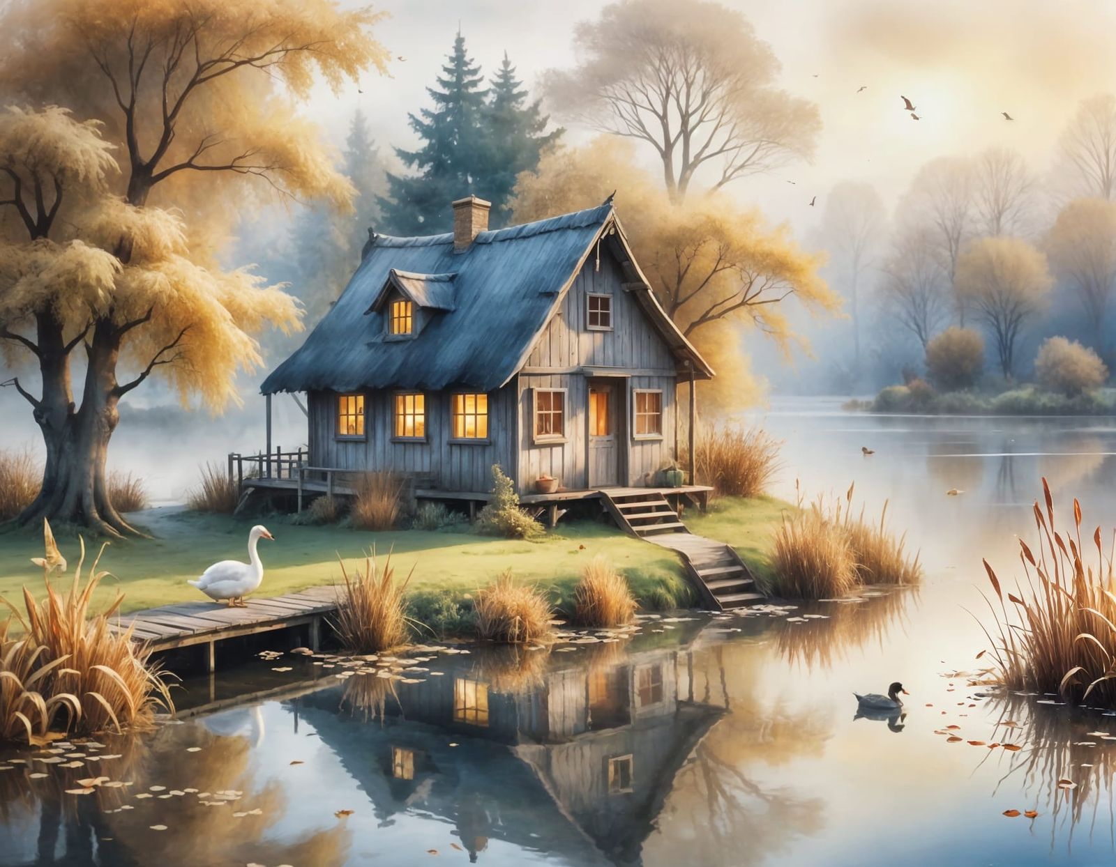 Enchanting Misty Pond With Hut at Shoreline