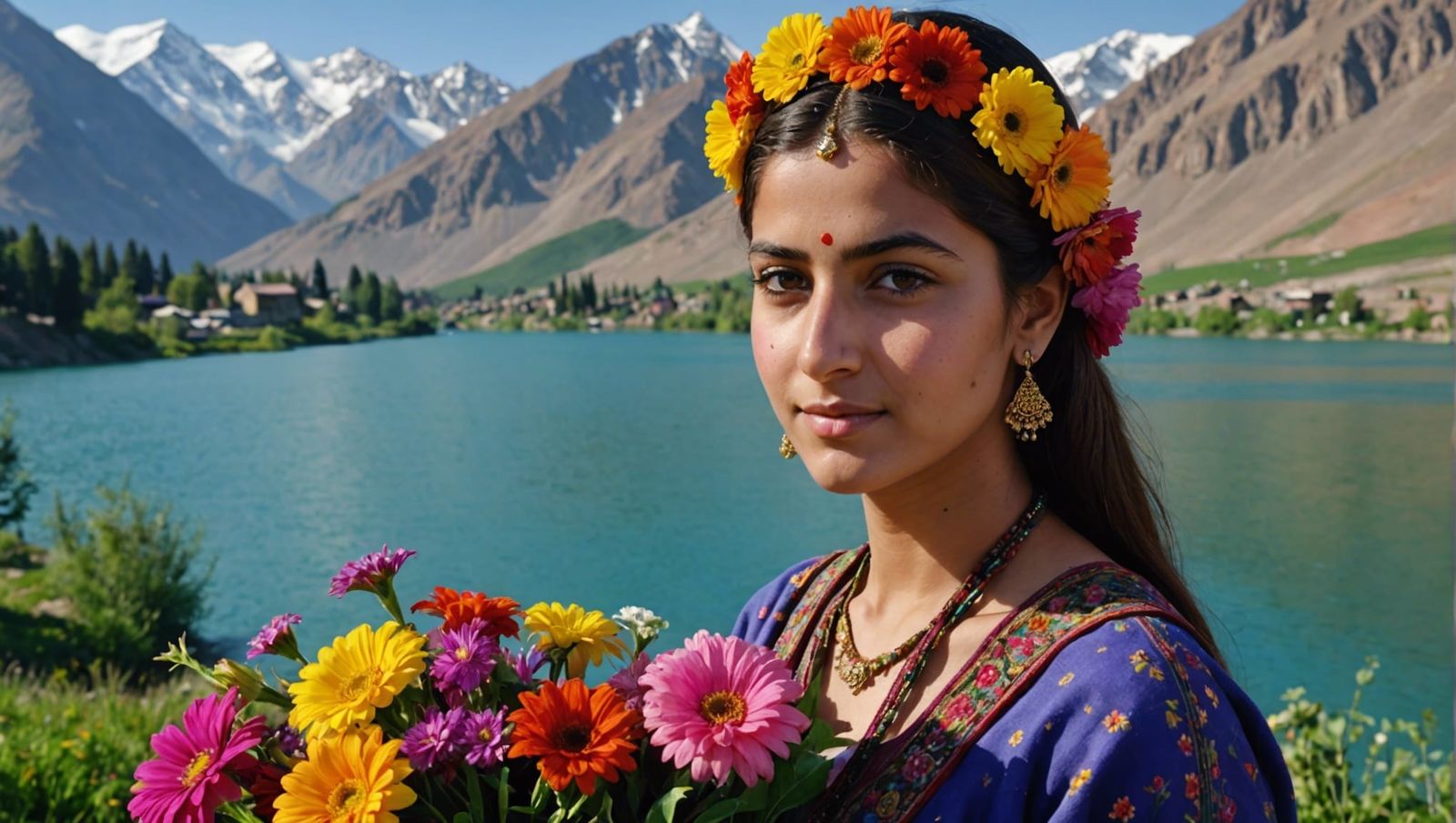 Kashmiri Girl Selling Flowers on Dal Lake: Hyperrealistic Po...