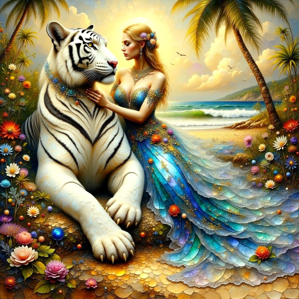Romantic Beachside Encounter with a Majestic White Tiger
