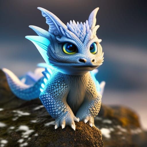 Cute Baby Dragon in Snowy Landscape: 3D Render