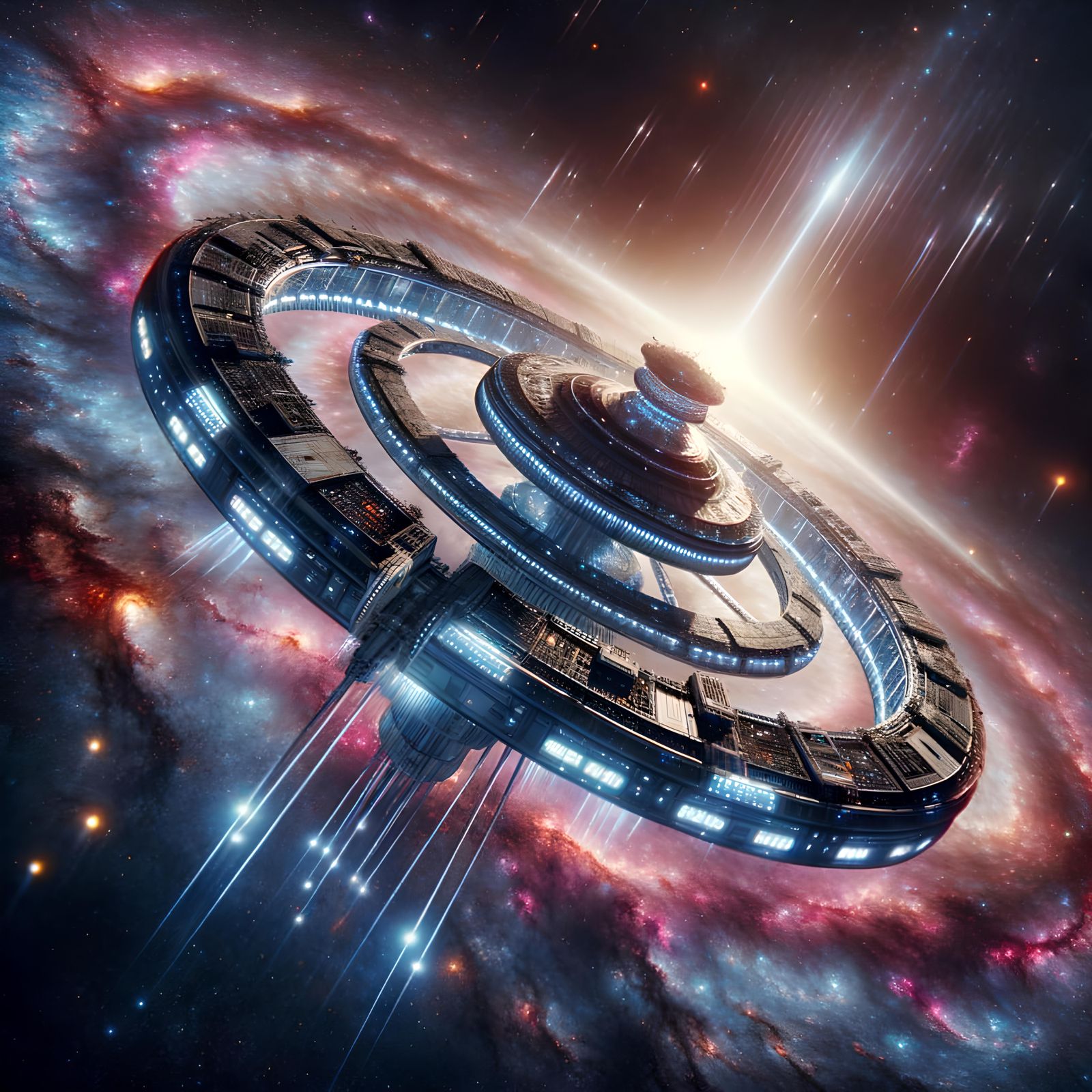 Alien Space Station in Deep Space with Galaxies