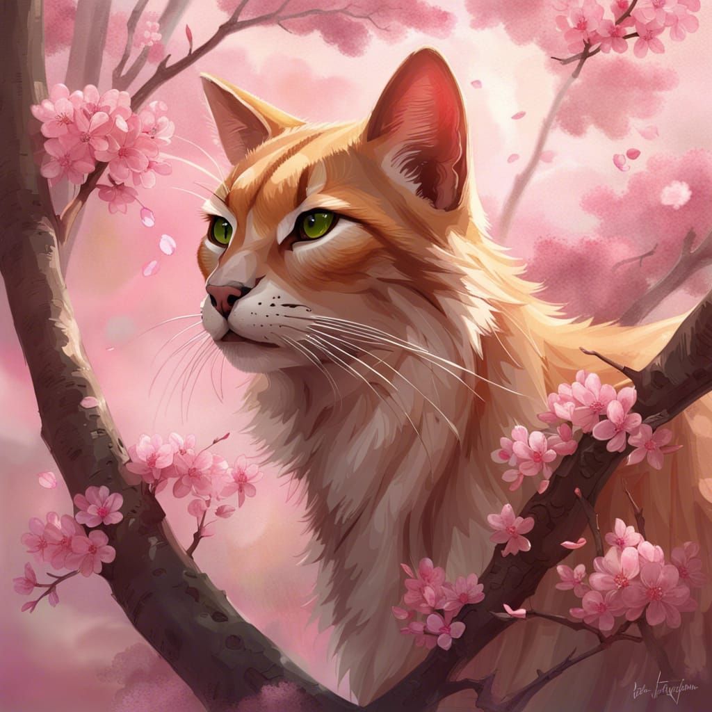 Asian Golden Cat Portrait with Cherry Blossoms