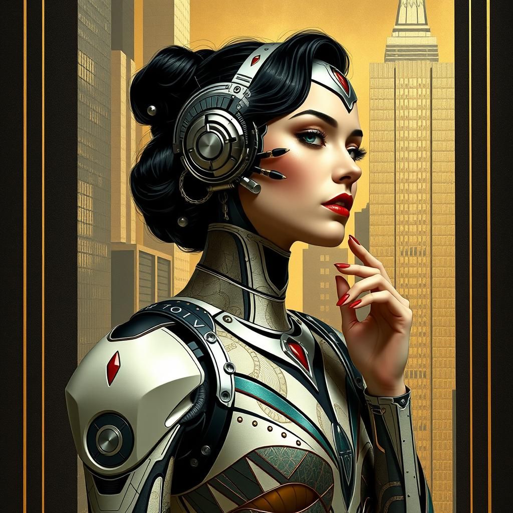 Art Deco Mechanical Woman in Retro-Futuristic Style