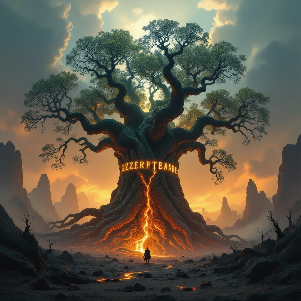 Ancient Glowing Tree in Alien War Landscape