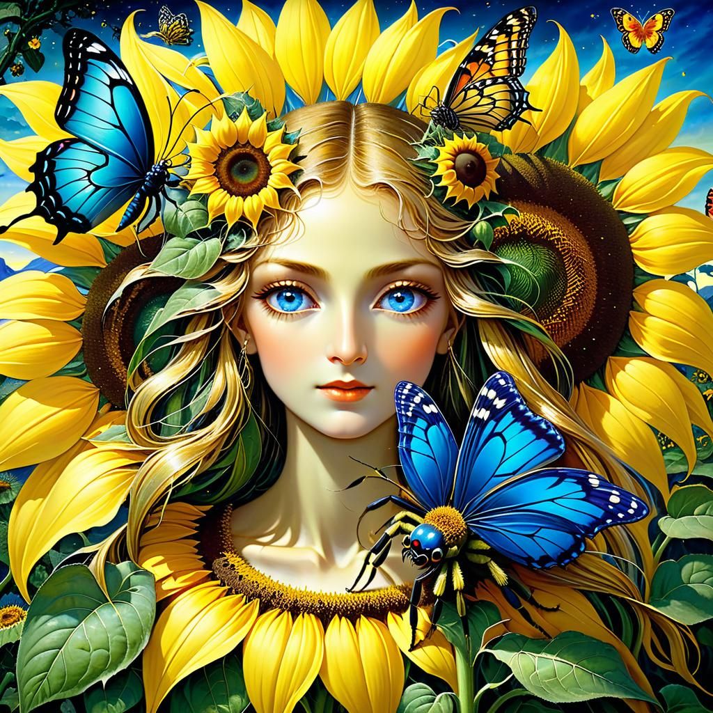 Sunflower Spider and Butterfly in Magical Realism Style