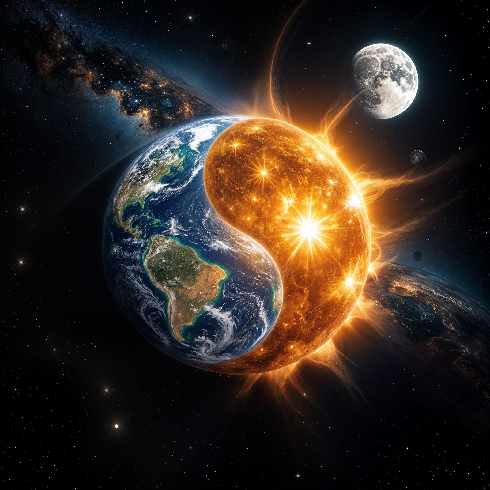 Yin-Yang Earth in Space with Moon and Milky Way