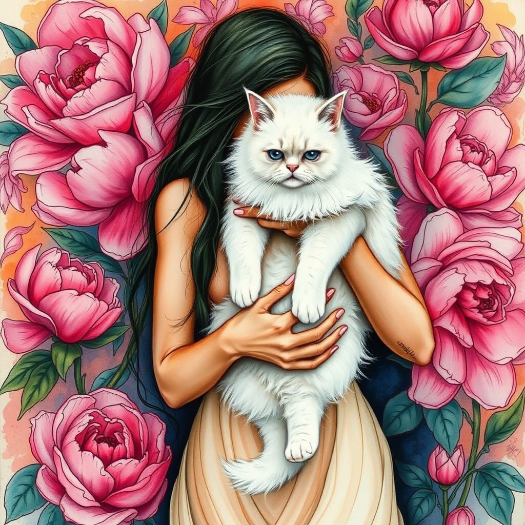 Woman and Cat with Floral Ink Swirls