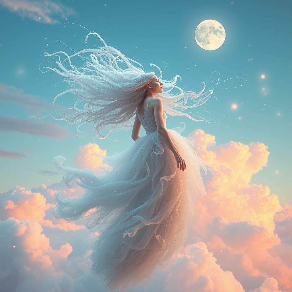 Ethereal Goddess Among Soft, Pastel-Hued Clouds in a Dreamli...